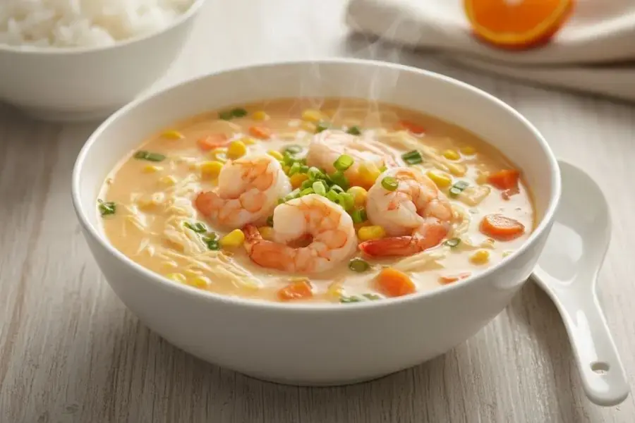 Chén súp tôm trứng nóng hổi, nhẹ bụng.