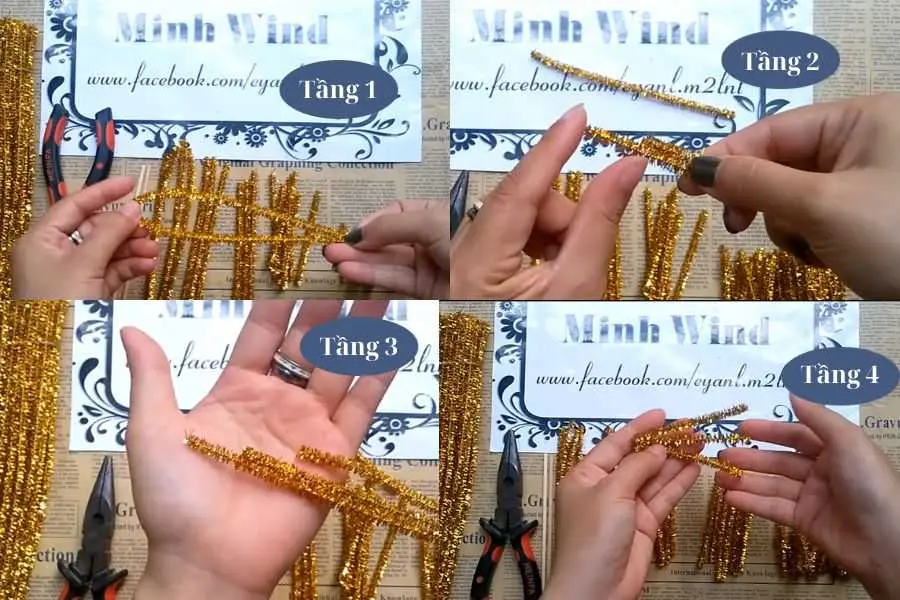 Thực hiện cắt dây kẽm cho mỗi tầng cây thông Noel.