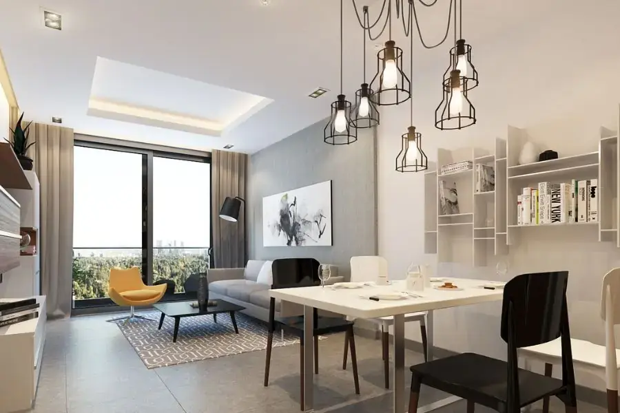 Phòng khách căn hộ Officetel với hệ thống đèn trang trí hiện đại