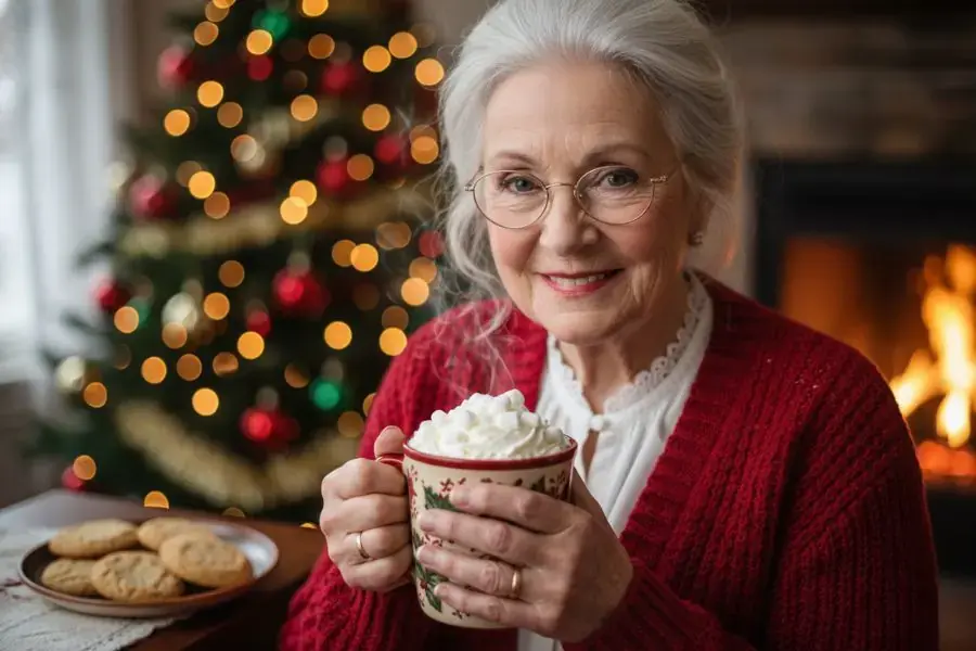 Bà già Noel với một cốc socola nóng.