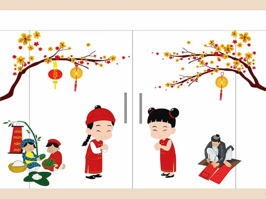 Decal trang trí lớp học ngày Tết rất phổ biến trong việc trang trí lớp.