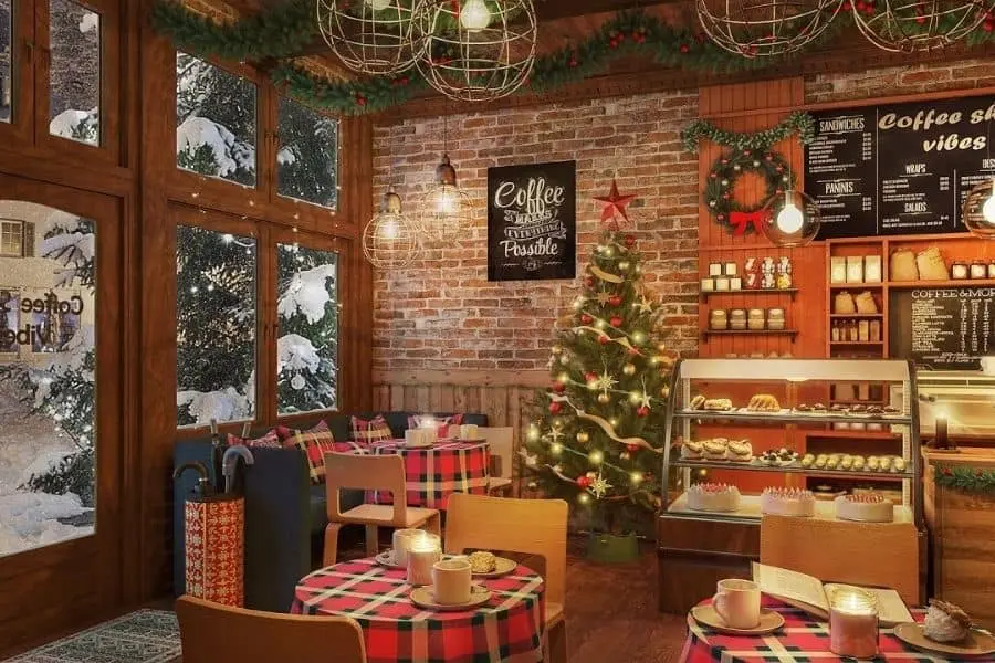 Mẫu trang trí Noel cho cửa hàng cà phê.