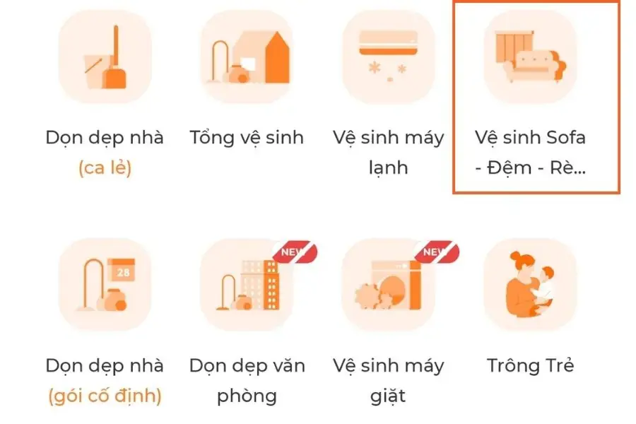 Nhấn chọn mục Vệ sinh Sofa - Đệm - Rèm tại màn hình chính.