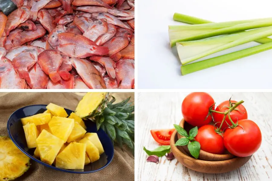 Chuẩn bị các nguyên liệu tươi ngon để nấu canh chua cá diêu hồng.
