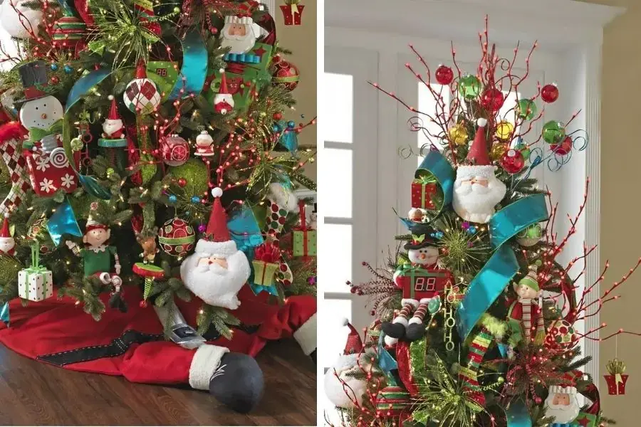Cây thông noel tuổi thơ ngộ nghĩnh với ông già Noel, chú hề, hộp quà,...