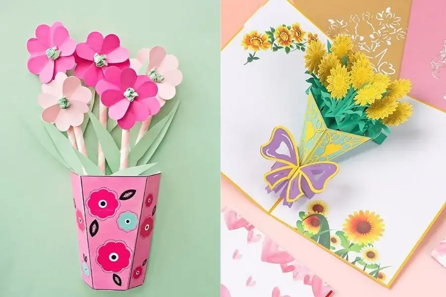 Thiệp 20/10 trang trí hoa pop-up tông màu tươi sáng. 