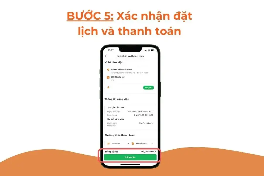 Xác nhận đặt lịch và thanh toán.