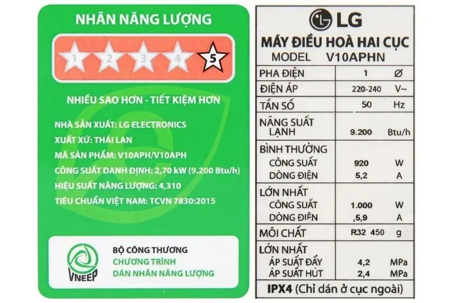 Tem dán năng lượng sẽ cho bạn biết thông tin cơ bản của máy điều hòa LG