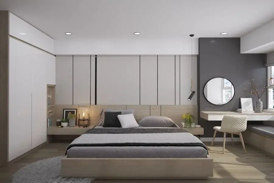 Decor phòng với tone xám kết hợp với trắng tạo nên vẻ đẹp nhẹ nhàng