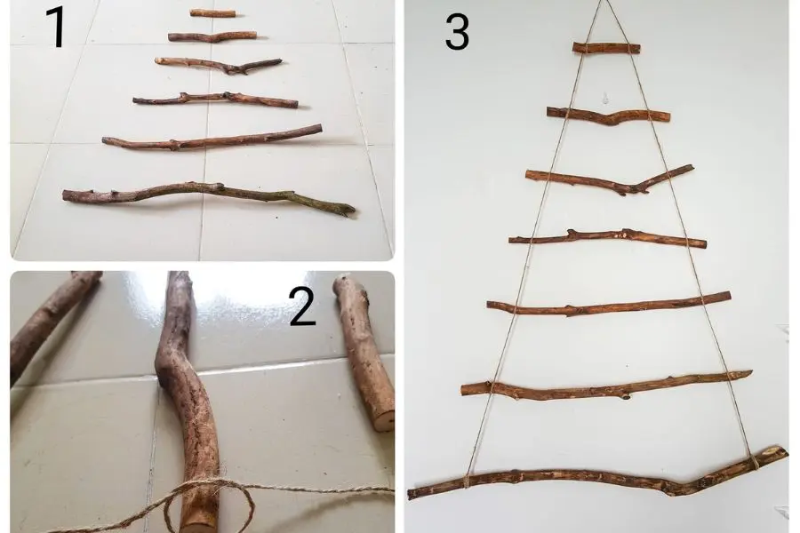 Sắp xếp và kết nối các cành củi khô thành hình dáng cây thông