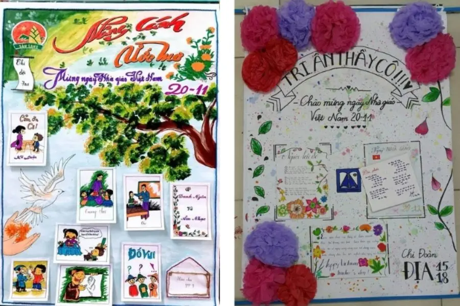 Hai mẫu trang trí báo tường 20 11 của Chi đoàn 7A1 (trái) và Chi đoàn Địa 15/18 (phải) đạt giải Ấn tượng trong cuộc thi của trường.