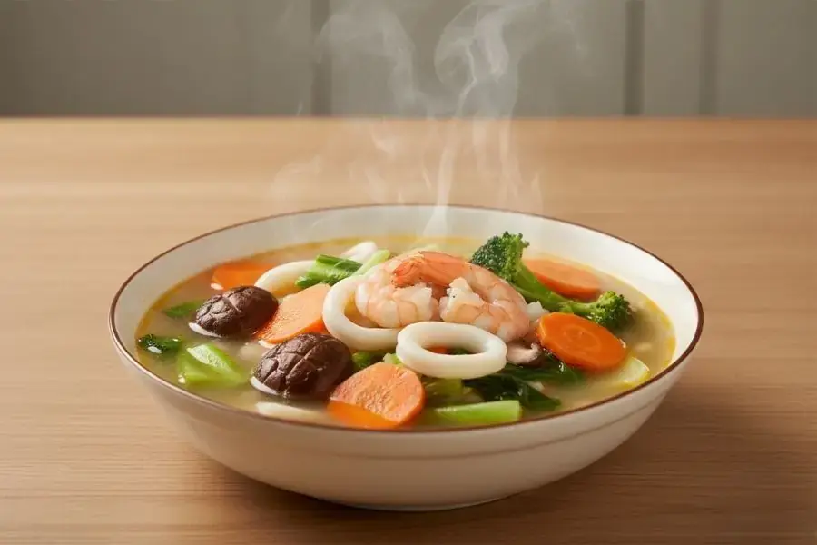 Súp hải sản rau củ nhẹ bụng.