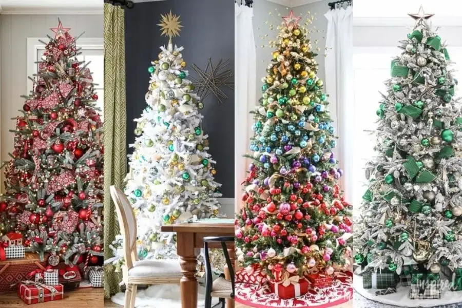 Trang trí cây thông noel có màu đồng điệu hoặc tương phản với màu tường gia đình.