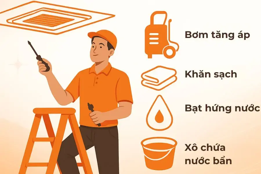 (Hình minh họa) Chuẩn bị dụng cụ trước khi vệ sinh điều hòa âm trần.