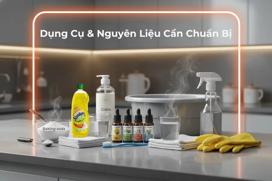 Chuẩn bị các nguyên liệu và dụng cụ trước khi tiến hành vệ sinh tủ lạnh.
