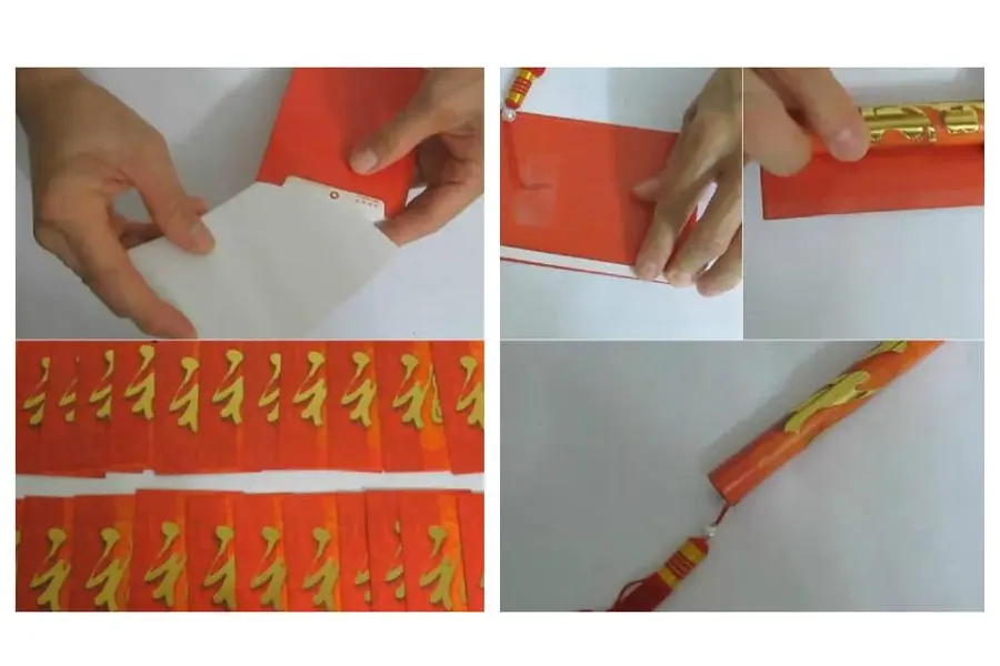 Cắt bao lì xì thành các hình chữ nhật bằng nhau.