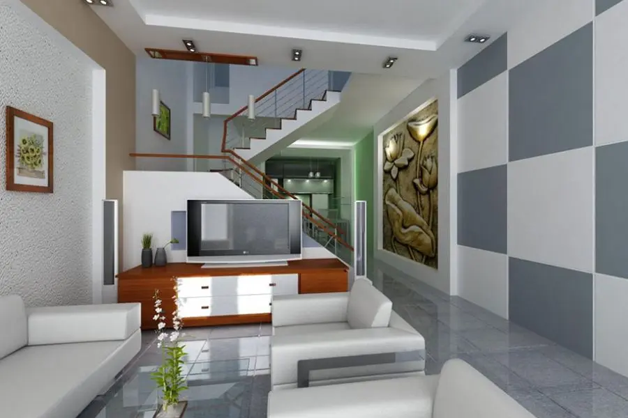 Mẫu thiết kế phòng khách bằng với màu sắc tươi sáng