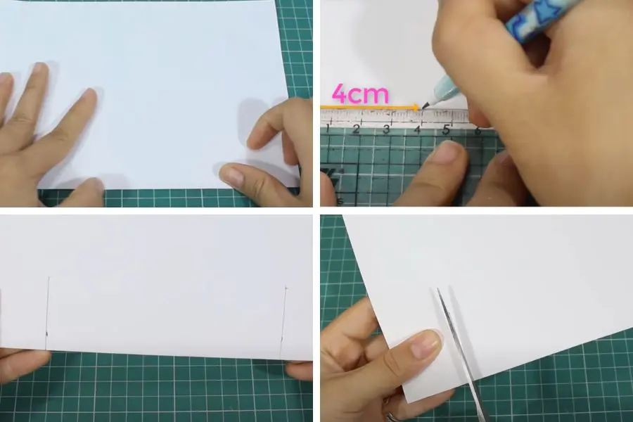 Đo 4cm ở 2 cạnh rồi cắt lên 4cm.