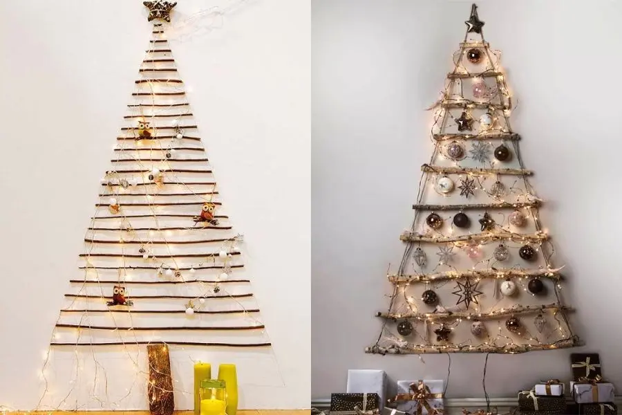 Cây thông Noel từ cành cây khô và đèn led.