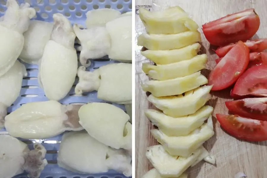 Sơ chế các nguyên liệu như mực, cà chua, dứa để nấu canh.