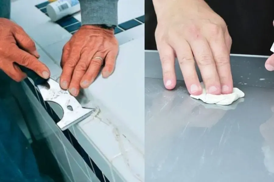 Tẩy keo silicon trên kính bằng dao cạo và nước tẩy rửa