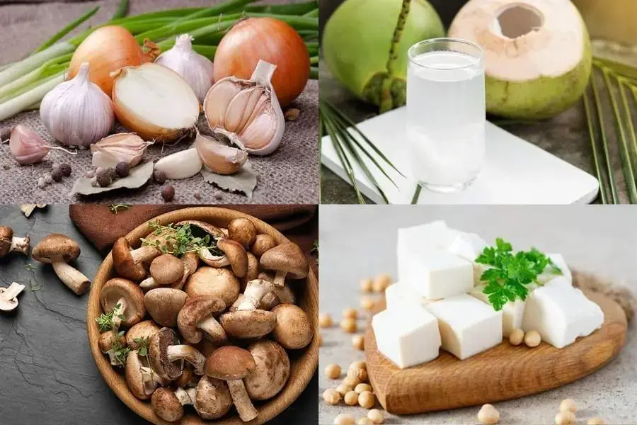 Một số nguyên liệu làm món đậu hũ sốt nấm đông cô