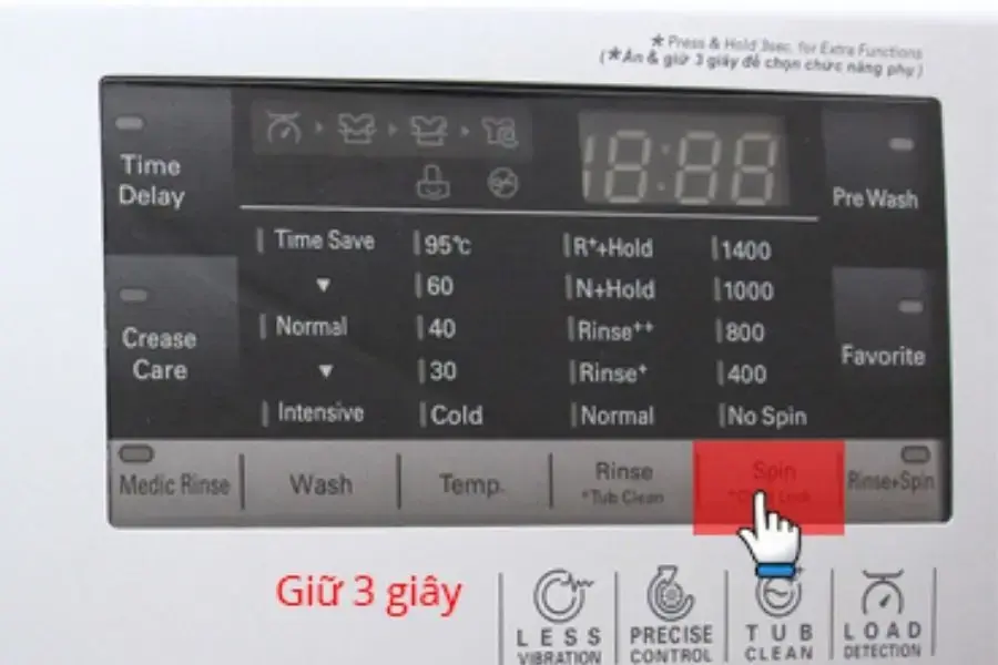 Ấn giữ 3 giây tại child lock để thiết lập chức năng khóa trẻ em