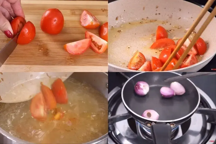 Xào cà chua và rang hành tím cho vào nồi nước dùng Bánh đa cua