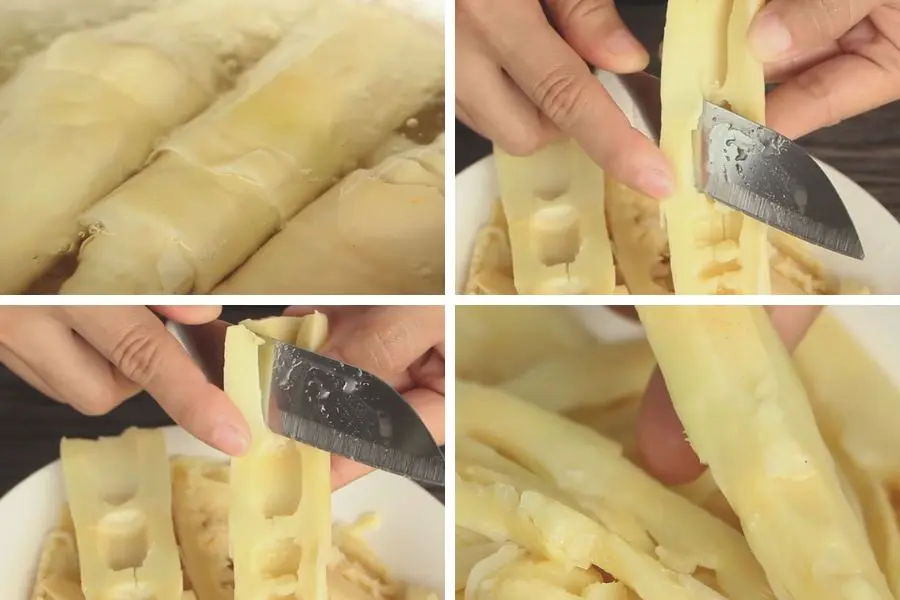 Luộc 2 - 3 lần măng, cắt thành sợi nhỏ vừa ăn.