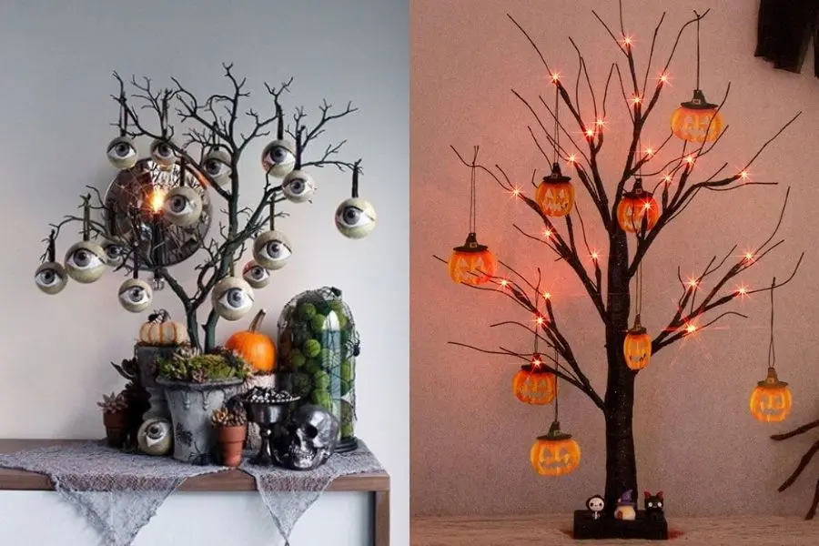 Sử dụng cây khô và móc treo bí ngô hoặc con mắt để trang trí Halloween cho quán cafe.