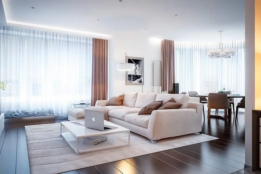 Rèm cửa đơn sắc, tối giản được chọn cho phòng khách hiện đại