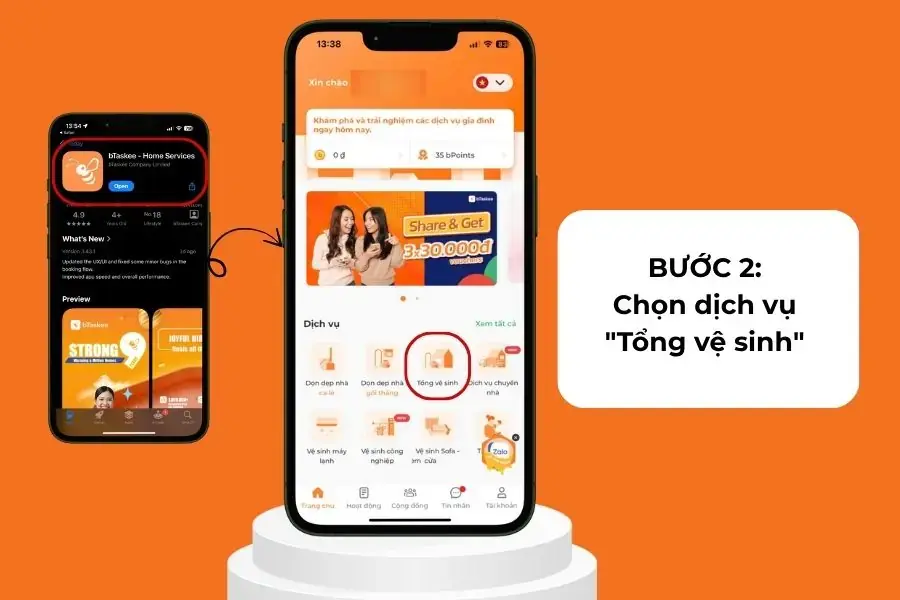 Chọn dịch vụ “tổng vệ sinh” trên màn hình.