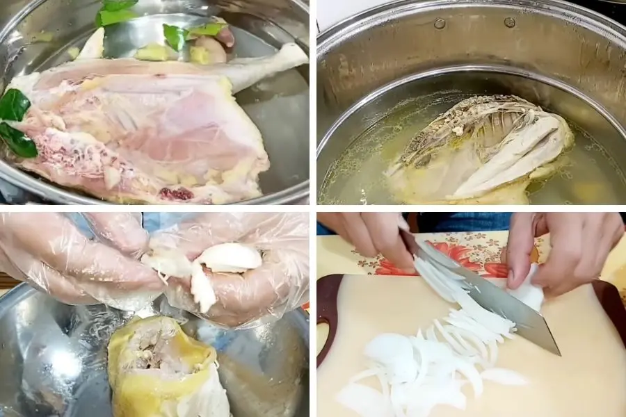Thịt gà luộc chín, xé nhỏ miếng vừa ăn, cắt lát mỏng với hành tây.