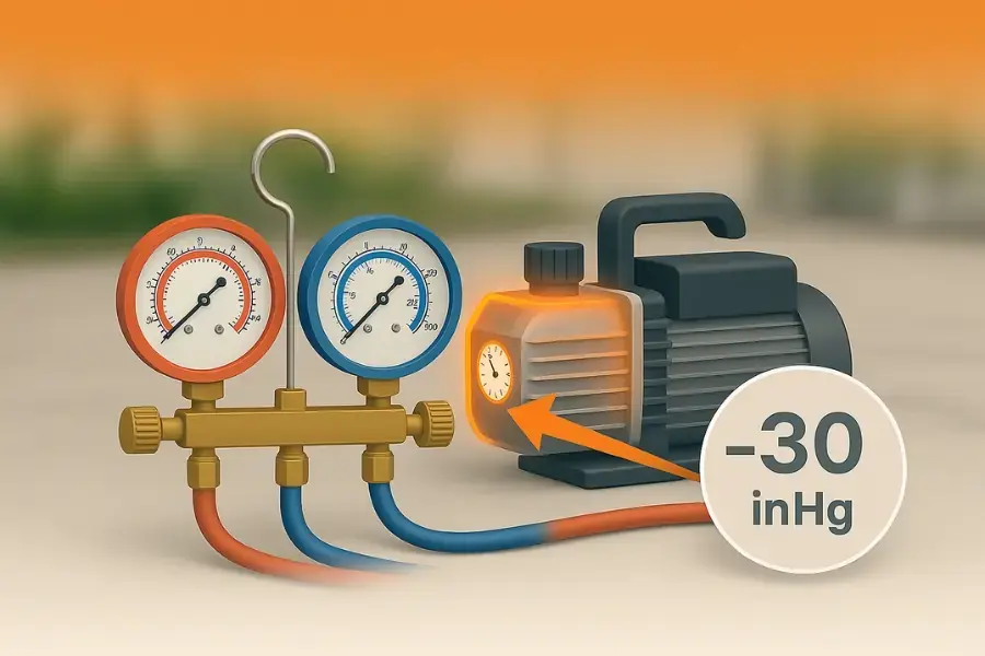 (Hình minh họa) Đồng hồ manifold hiển thị độ chân không -30 inHg.