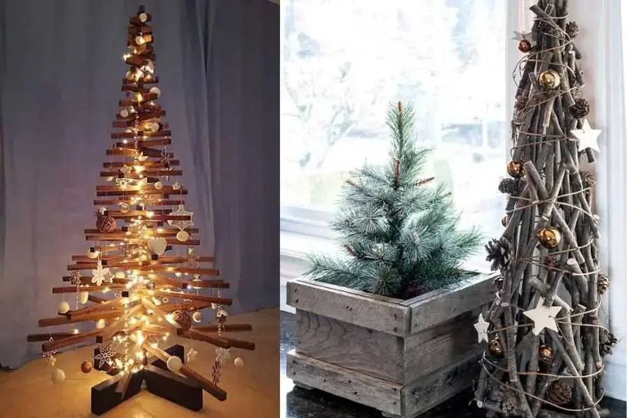 Sáng tạo với bó cây khô buộc thành cây thông Noel.