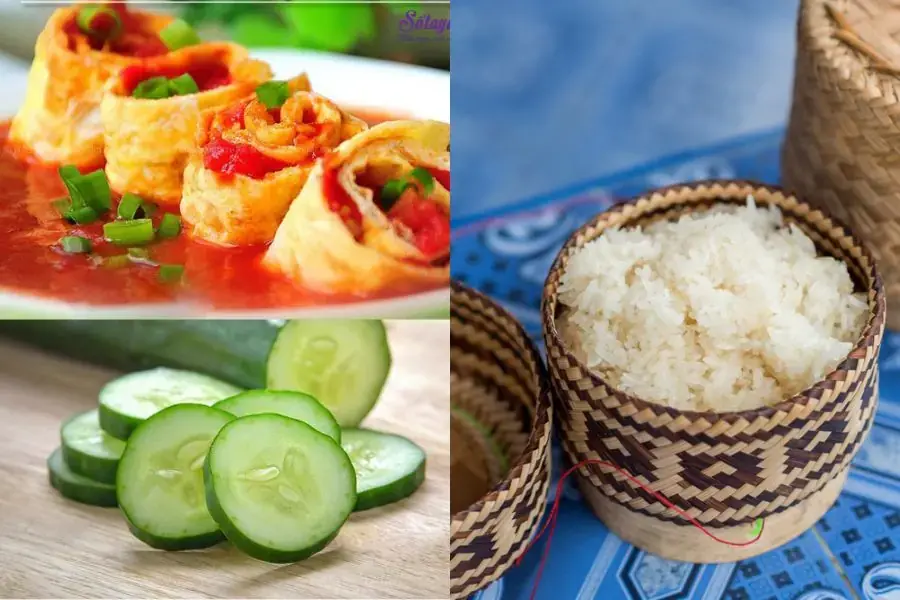 Trứng sốt cà chua kết hợp cùng dưa leo và cơm nếp