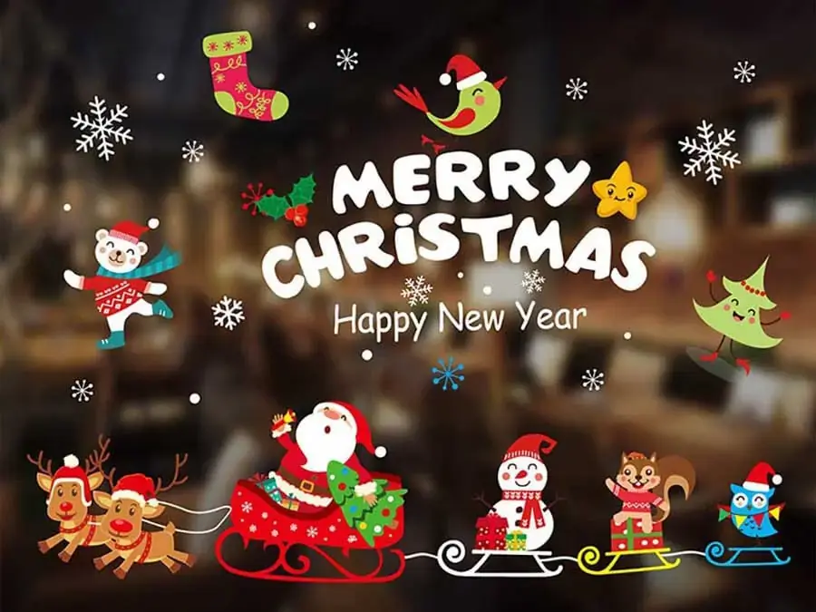 Dán decal chủ đề Noel vào của kính như người tuyết, hoa tuyết, tuần lộc, xe kéo,...