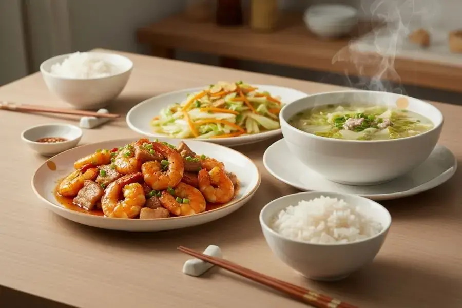 Tôm rim thịt - Bắp cải xào - Canh cải thảo.