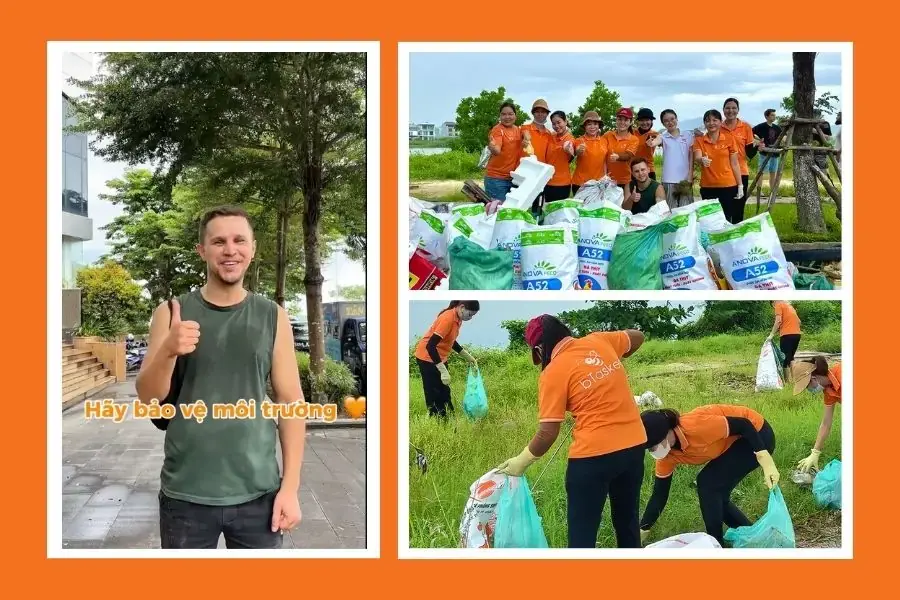 Một người bạn từ Nga tham gia cùng các chị Ong Cam dọn rác cộng đồng và chia sẻ đầy chân thành.