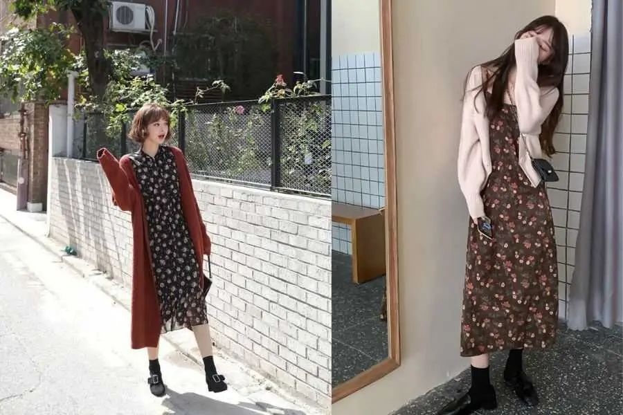 Phối màu cho áo cardigan và váy hoa nhí sao cho hài hòa.
