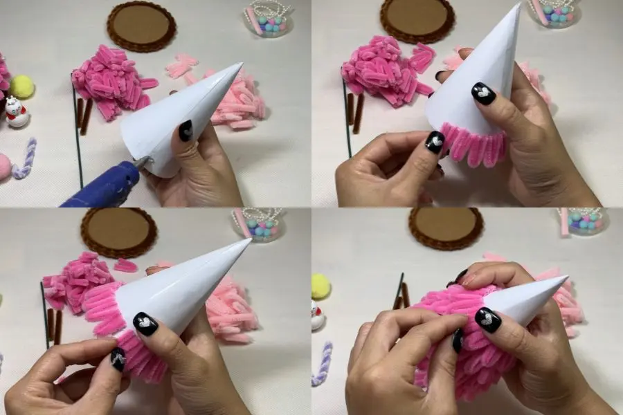 Cố định các cánh thông lên khung hình trụ bằng keo nến.