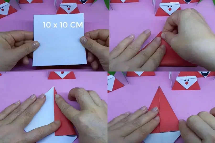 Gấp làm đôi 2 tờ giấy trắng và đỏ.