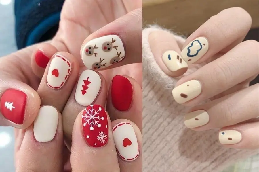 Màu trắng sữa mix đỏ trong bộ nail Giáng Sinh.