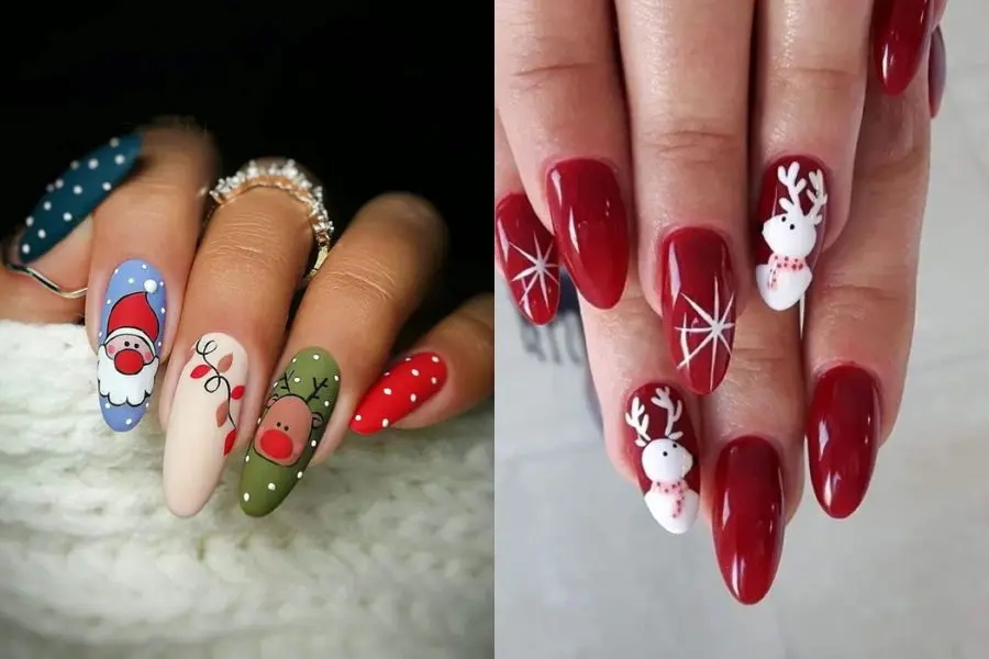 Nail tuần lộc đa màu sắc và mix 2 màu sắc.