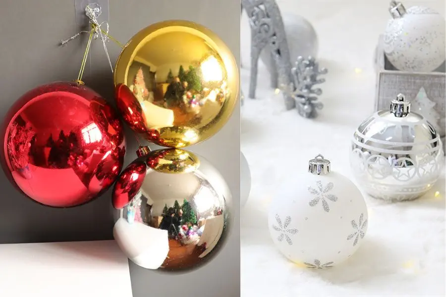 Quả châu Noel họa tiết in nổi và họa tiết trơn bóng.
