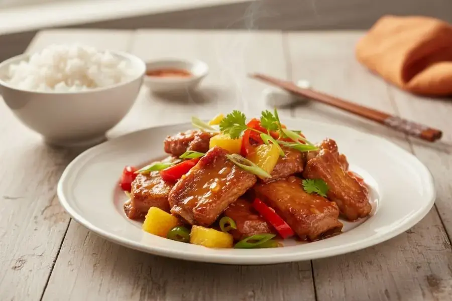 Sườn xào chua ngọt đậm đà, bóng mượt hấp dẫn.