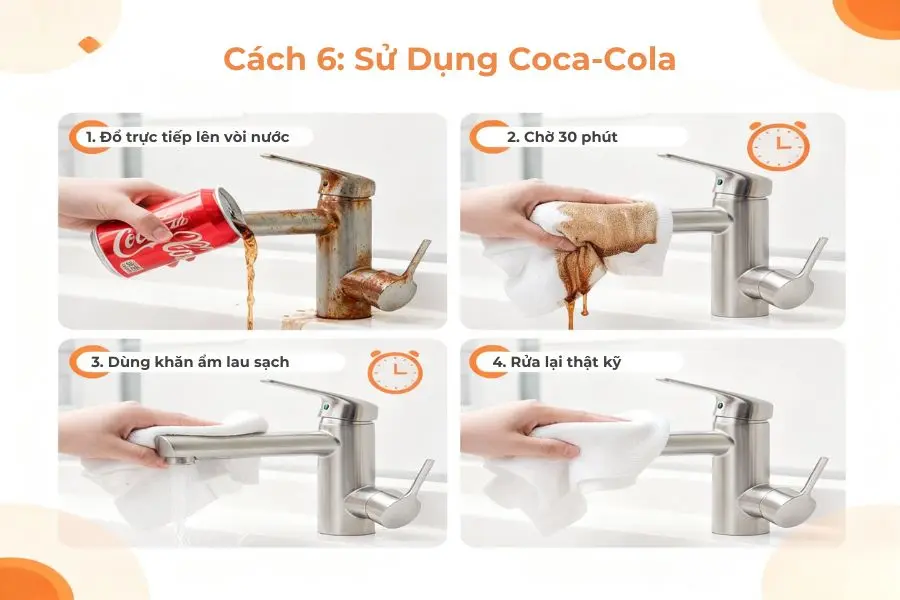 Dùng coca-cola tẩy cặn vòi inox.