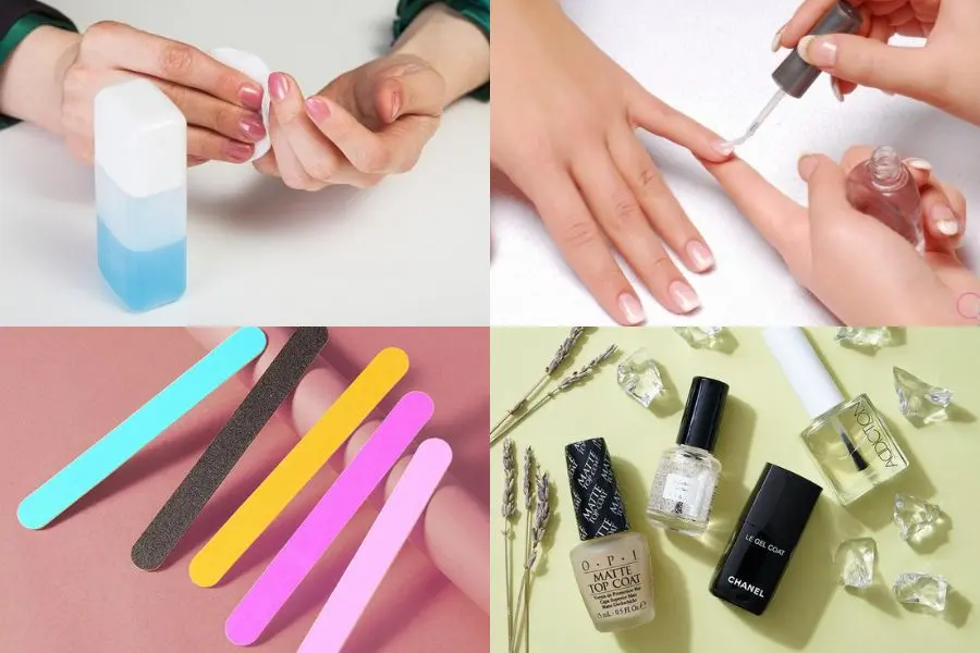 Chuẩn bị đầy đủ nguyên liệu và dụng cụ để vẽ nail Giáng Sinh tại nhà.