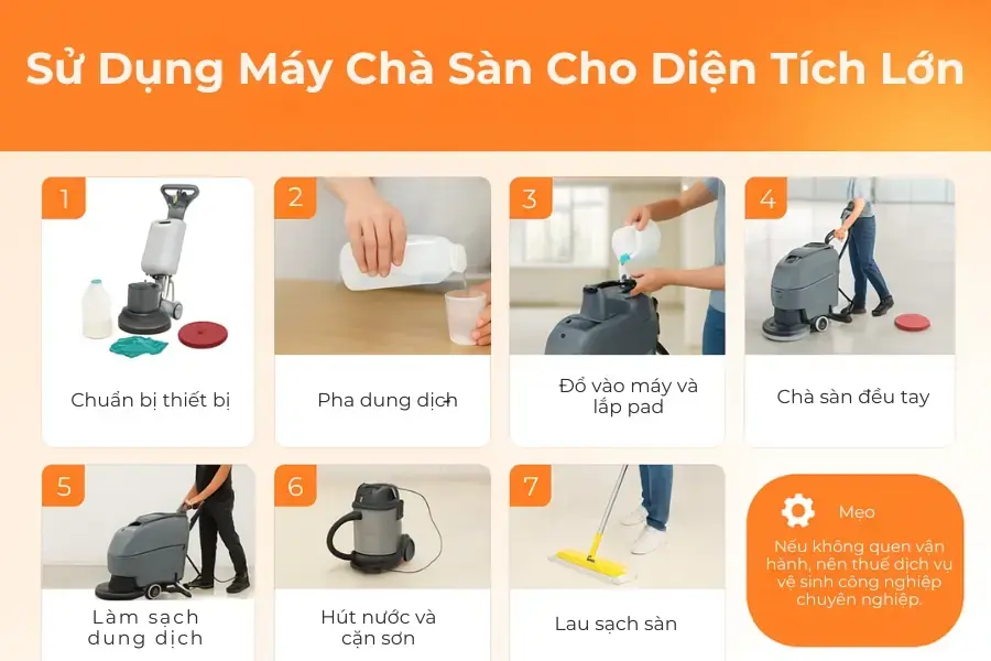 Sử dụng máy chà sàn cho các vết sơn có diện tích lớn.
