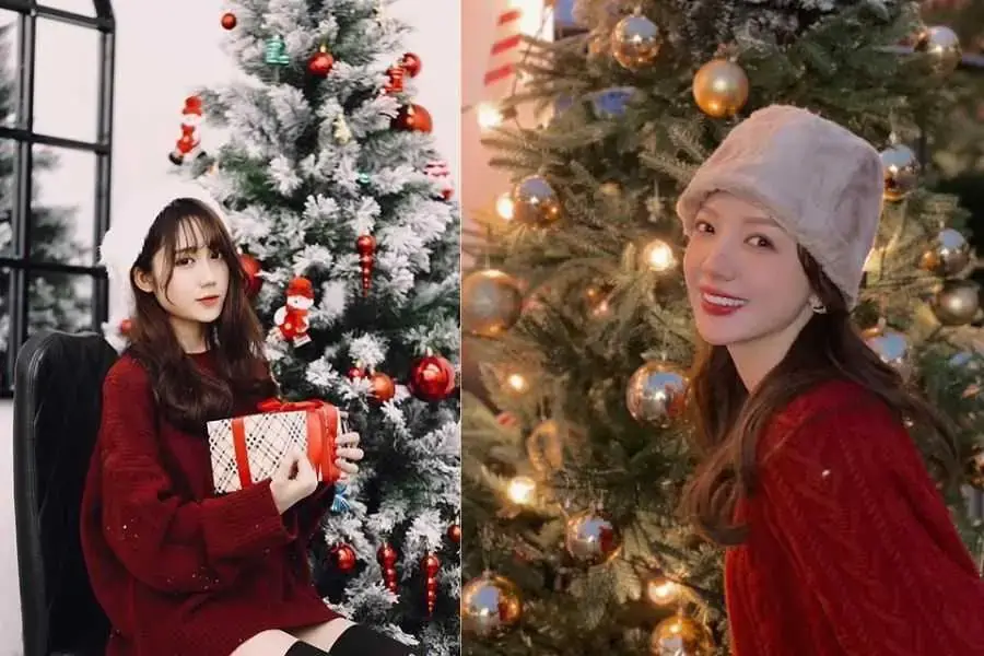 Dáng chụp nửa người với cây thông Noel.